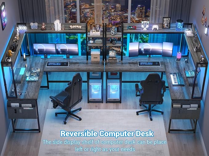 Aheaplus L Shaped Desk with Power Outlet L Shaped Gaming Desk with Led Light &amp Hutch Reversible Home Office Desk Corner Computer Desk Writing Desk with Monitor Stand &amp Storage Shelves Grey