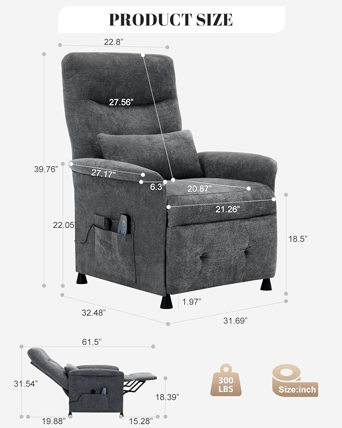 Power Recliner Chair for Adults - Electric Reclining Sofa with Side Pocket &amp Remote Adjustable Recliner for Living Room or Home Theater Seating
