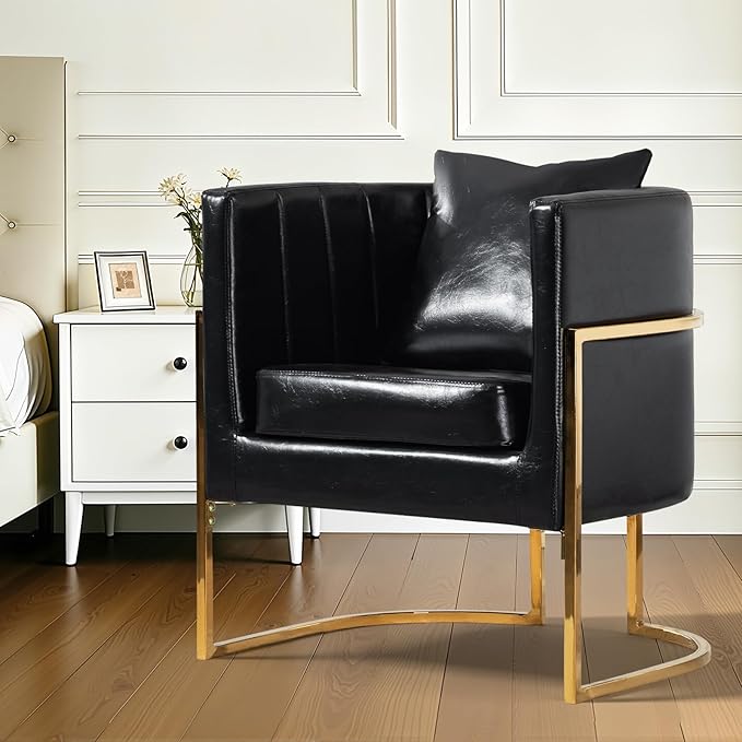 Modern Leather Accent Chairs Set of 2 Mid Century Upholstered Barrel Armchair with Pillow for Living Room Comfy Single Vanity Chair with Metal Gold Legs for Bedroom Black