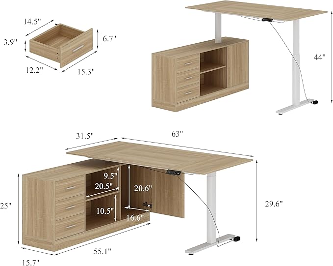 63 L Shaped Electric Standing Desk with File Cabinet Height Adjustable Stand up Desk with Drawers and Shelves Home Office Computer Gaming Table Brown &amp White