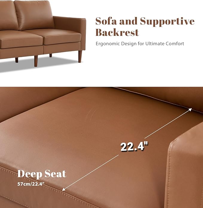 Kingfun 91.7 Faux Leather Sofa with Chair 3 Seater Couch Mid Century Modern Couches with Solid Wood Legs for Living Room &amp Bedroom Coffee