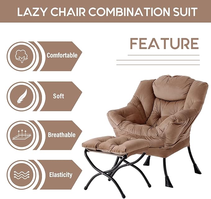 LITA Lazy Chair with Ottoman Modern Accent Leisure Upholstered Sofa Chair Contemporary Lounge Reading Chairs with Armrests and a Side Pocket for Living Room Bedroom &amp Small Space Dark Brown
