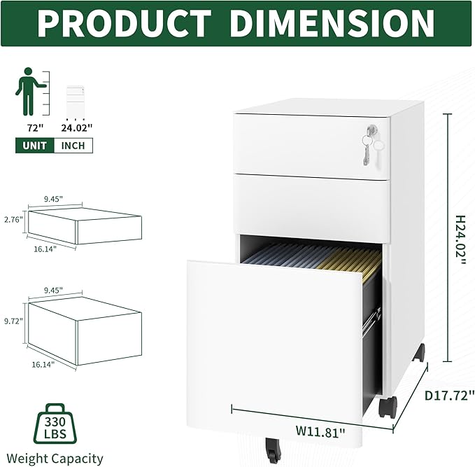 espidoo Mobile File Cabinet 3 Drawer Storage: All Steel Locking Security Cabinet with Wheels - Home Office Organization for Homeschool Supplies &amp Documents White Anti Tip Design