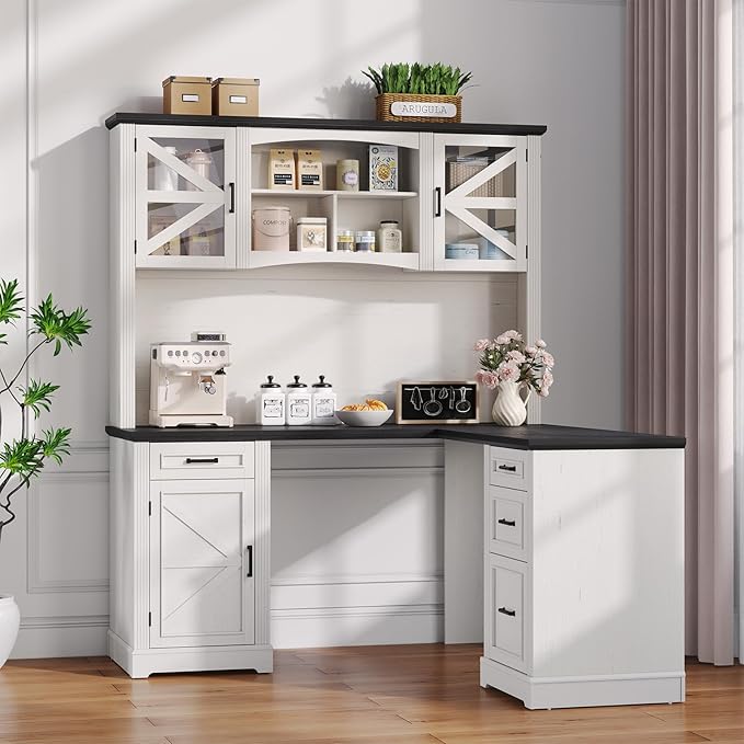 ONBRILL 72 L-Shaped Executive Desk with Hutch Farmhouse L-Shaped Computer Desk with 4 Drawers File Drawer and Power Outlet Home Office Computer Desk for Living RoomStudy Room (Off White&amp Blac