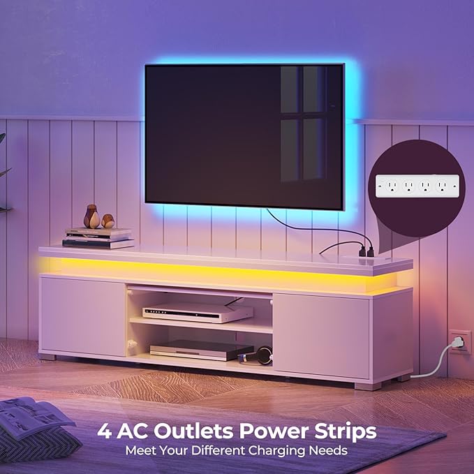 Rolanstar TV Stand with LED Lights &amp Power Outlet Modern Entertainment Center for 32/43/50/55/65 Inchs TVs Table Universal Gaming Media Stand Storage Cabinet and Large Storage White
