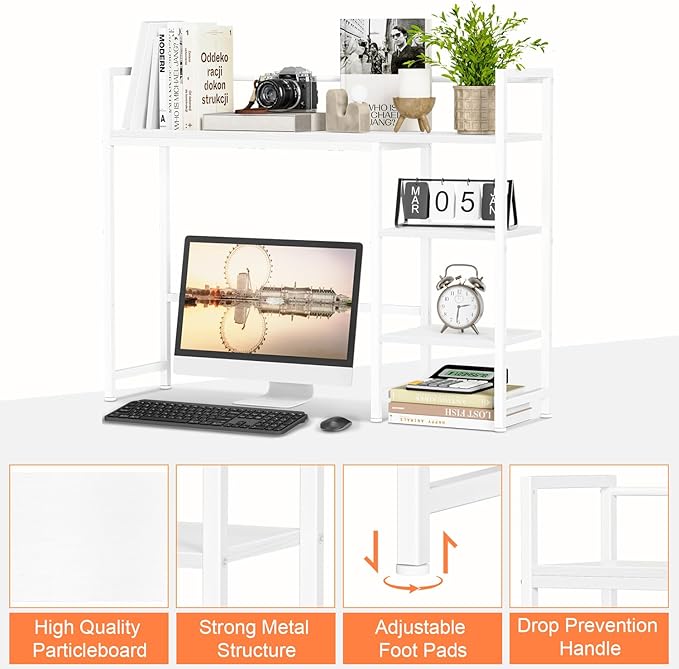 Snughome Desk Shelf 38.6 Desktop Organizer Shelf Desk Hutch for Computer Monitor 4 Tier Desk Display Rack Wood Desktop Bookshelf Storage Rack for Home Office Dorm White
