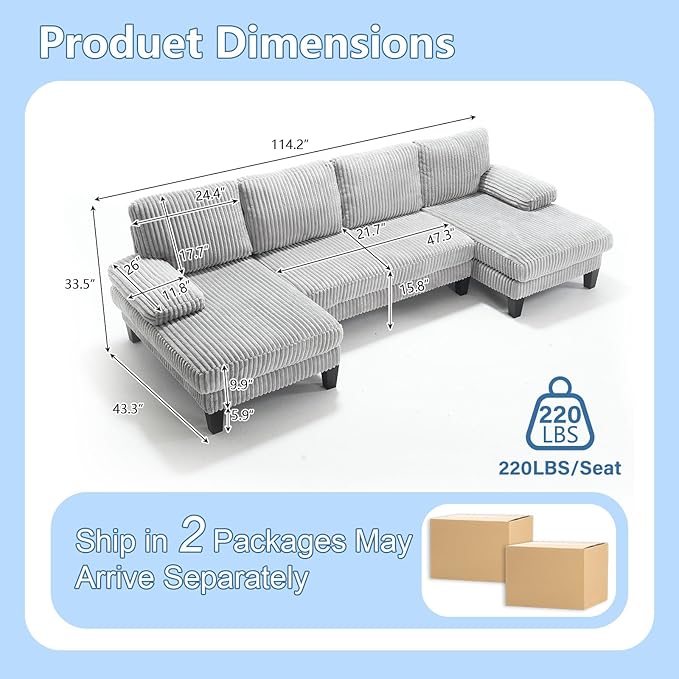 114 Sectional Couches for Living Room Corduroy Deep Seat Cloud Couch Double Chaise U Shaped Sofa Light Gray