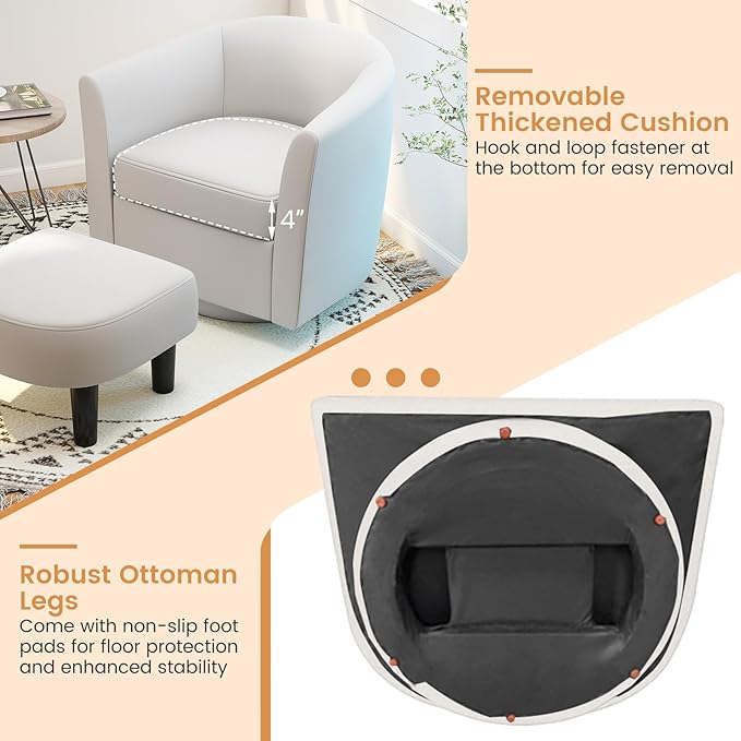 GOFLAME Swivel Barrel Chair with Ottoman Modern Linen Fabric Accent Chair with Footrest Curved Backrest Removable Seat Cushion Upholstered Club Tub Sofa Chair for Bedroom Living Room Ivory