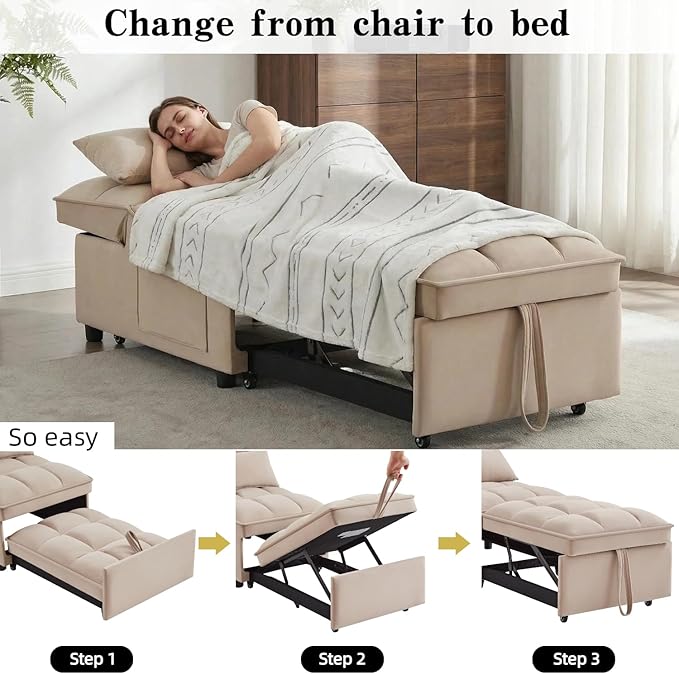 24.5 Wide Convertible Sleeper Chair with Pull Out Bed 4-in-1 Chair Bed with Adjustable Backrest &amp Storage Pockets Armless Metal Frame | Space-Saving Couch for Living Room &amp Bedroom (Gray)