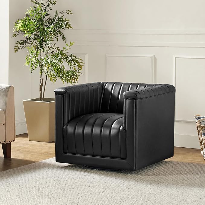 HULALA Home Faux Leather Swivel Accent Chair Boxy Silhouette Chair with Striped Arm Leather Barrel Chair with Herringbone Pattern(Black)