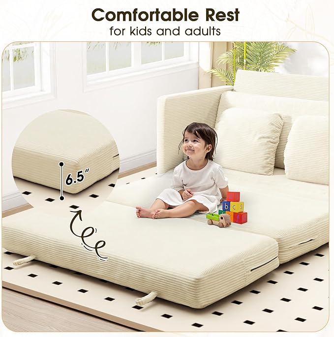 65 Convertible Loveseat Sofa Bed 2-in-1 Folding Sofa Bed with 2 Pillow for Small Spaces Modern Sleeper Couch for Apartment Living Room &amp Guest Room (Corduroy Beige 65 inch)