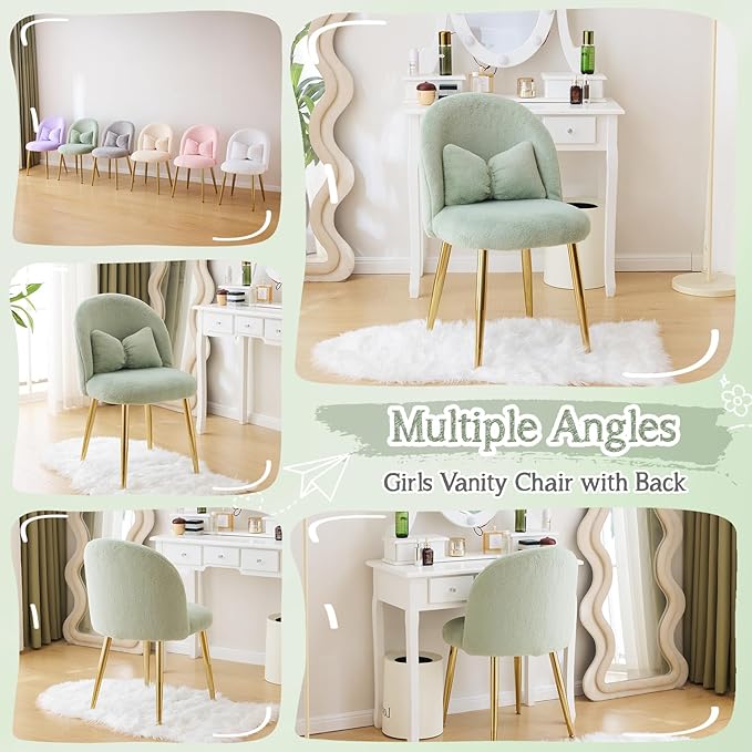 VINGLI Fluffy Girls Vanity Chair with Back &amp PillowCute Small Cozy Desk Chair No WheelsComfy Makeup Ch with Ajustable Gold Legsfor BedroomLiving RoomSmall SpaceGreen