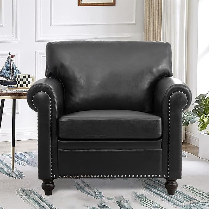 Black Faux Leather Accent Sofa Chair with Rivet Rolled Arm Modern Mid Century Wingback Club Chair for Living Room Apartment Office Easy Assembly (Black PU One Chair)