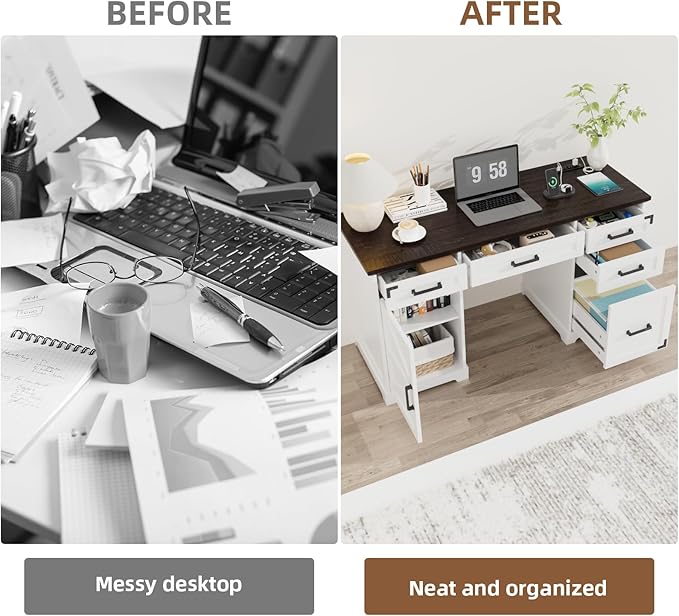 VOWNER 55 Executive Desk Home Office Desk with Drawers and Storage Cabinet Farmhouse Wood Desk Workspace for Work Study Writing Charging Station Letter/A4 File Drawer White