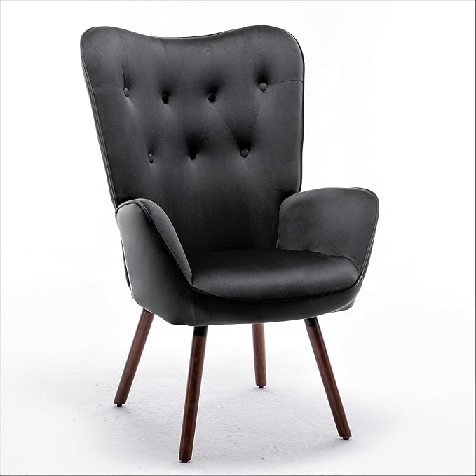 Chic Accent Arm Chairs for Living Room Bedroom or Home Office Button-Tufted Midcentury Armchair with Wingback Design and Splayed Legs Black