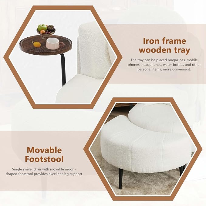 42.5 Single Sofa Chair Chaise Lounge with Movable Cresent-Shaped Footstool Removable Headrest &amp Wraparound Armrests One-Piece Side Table for Small Living Room (White)
