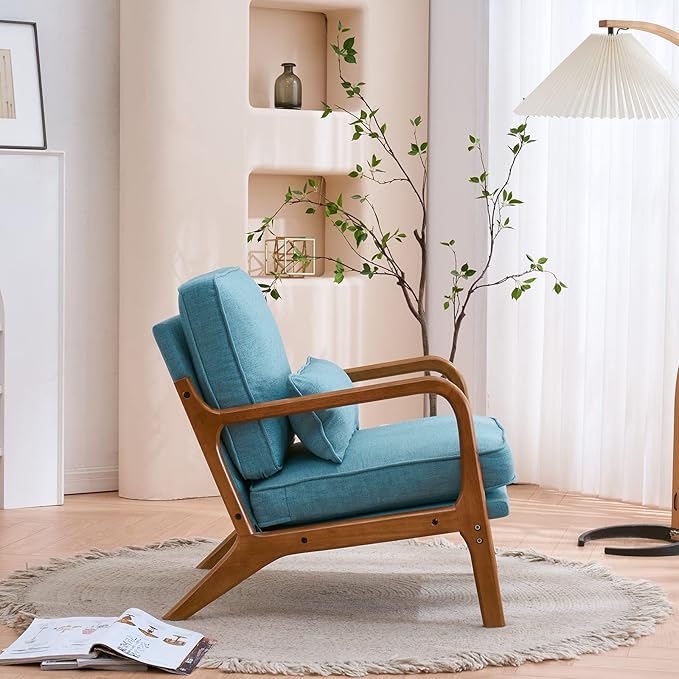 Karl home Accent Chair Mid-Century Modern Chair with Pillow Linen Fabric Upholstered Lounge Arm Chair with Solid Wood Frame &amp Soft Cushion for Living Room Bedroom Balcony Teal
