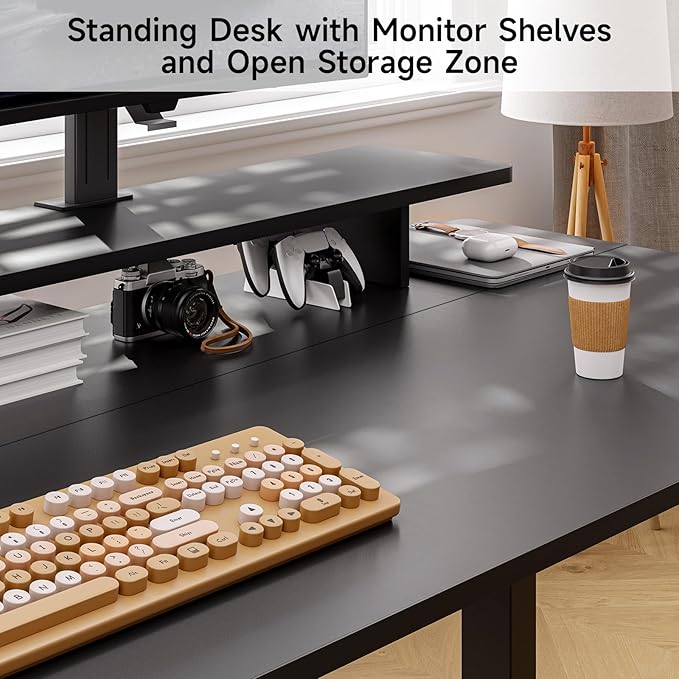 ONBRILL L Shaped Standing Desk with File Cabinet 63x24'' Electric Stand Up Desk with Monitor and Storage Shelf Adjustable Height 28-46'' for Home and Computer Workstation Black