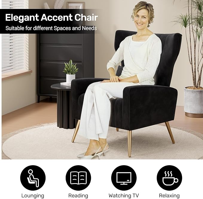 Black Velvet Accent Chair Set of 2 Wingback Chair for Living Room High Back Arm Chair with Golden Legs Lumbar Pillow Upholstered Single Sofa Bedroom