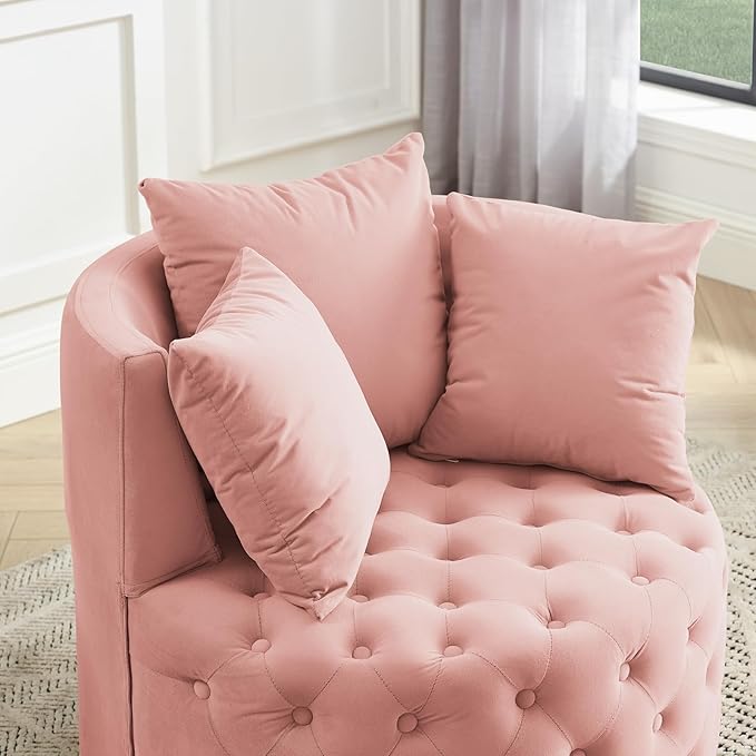 360° Swivel Accent Barrel Chair Velvet Comfy Round Chair with Button Tufted Design &amp 4 Moveable Wheels Upholstered Modern Lounge Reading Chairs for Living Room Bedroom Apartment Clubs(Pink)