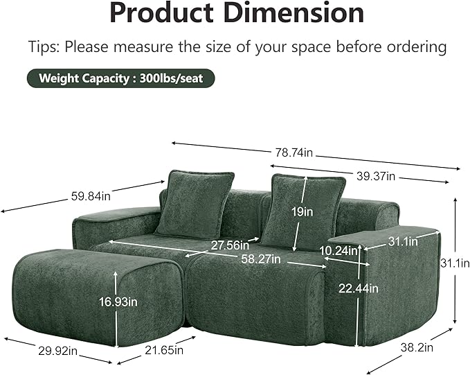 Casaphoria Green Velvet Modular Sofa L-Shaped 2 Seater Sectional with Ottoman &amp 2 Removable Pillows No Assembly Required 78.74 Inch Sofa for Small Apartments &amp Living Rooms