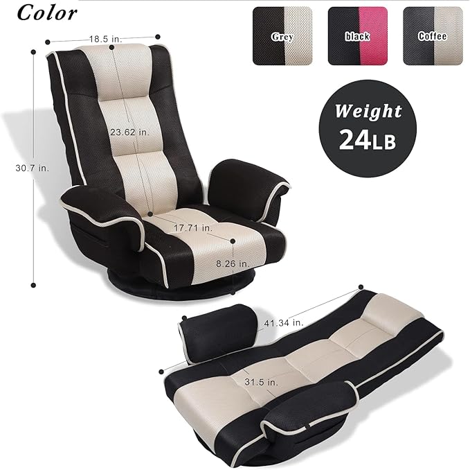 Linen Fabric Ergonomic Gaming Chair 6-Position Reclining Sofa Bed with Lumbar Support Foldable Floor Lounger with Thick Cushion Armrests &amp Side Pockets for Esports Reading Napping (Brown + Be