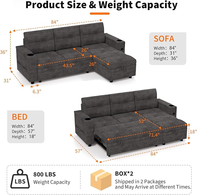 IDEALHOUSE Couches for Living Room 84'' Sofa Bedl-Shaped Sectional Sleeper Sofa with Pull Out BedReversible Storage Chaises Hidden Storage ArmrestsCup Holders &amp USB Charging Ports