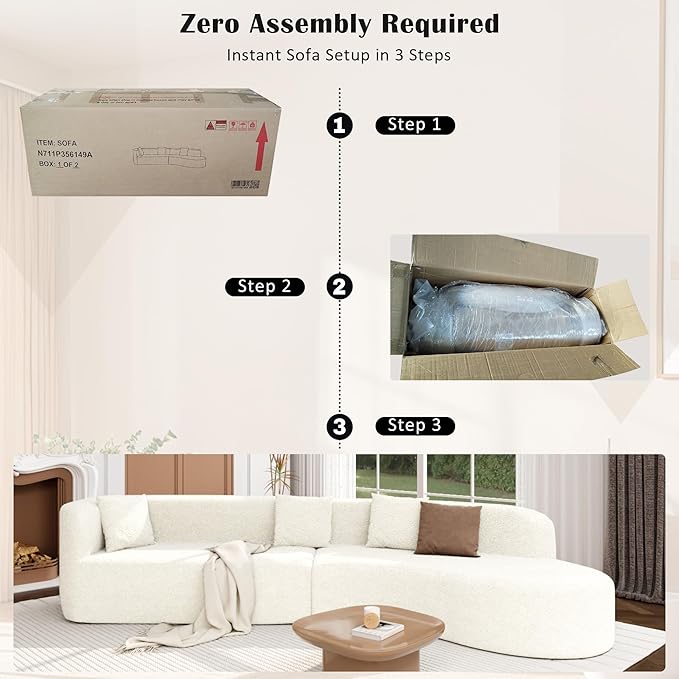 132 Modern Sectional Sofa with Curved Design 2-Piece Chenille Modular Couch with 4 Pillows Plush Sponge &amp Spring Cushion Large Sponge Modular Sofa for Living Room (Beige#56)
