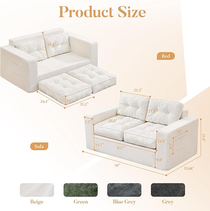 Hobestluk Sofa Couch Loveseat Sofa with Chenille Fabric 2-Seater Sofa for Small Spaces Comfortable Foam Floor Sofa 2 in 1 Boneless Couch for Living Room Bedroom Apartment or Office (Beige Loveseat)