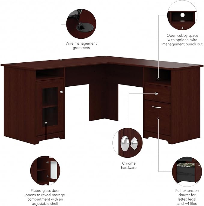 Bush Home Cabot 60W L Shaped Computer Desk with Storage in Harvest Cherry 60-inch Corner Table with Drawers for Home Office Workspace