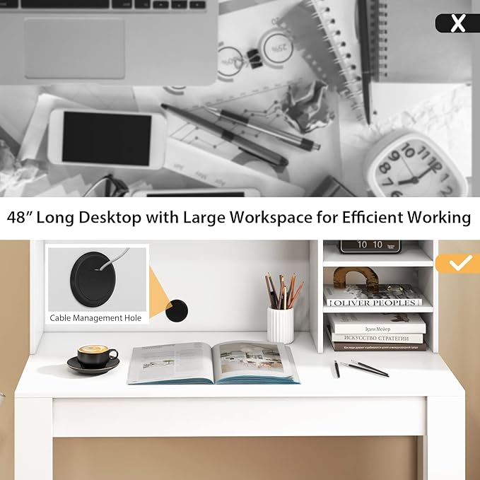 Giantex White Desk with Hutch Home Office Desk with Bookshelf Computer Workstation PC Laptop Table with Anti-Toppling Device &amp Cable Hole Modern Study Writing Desk for Small Spaces Bedroom