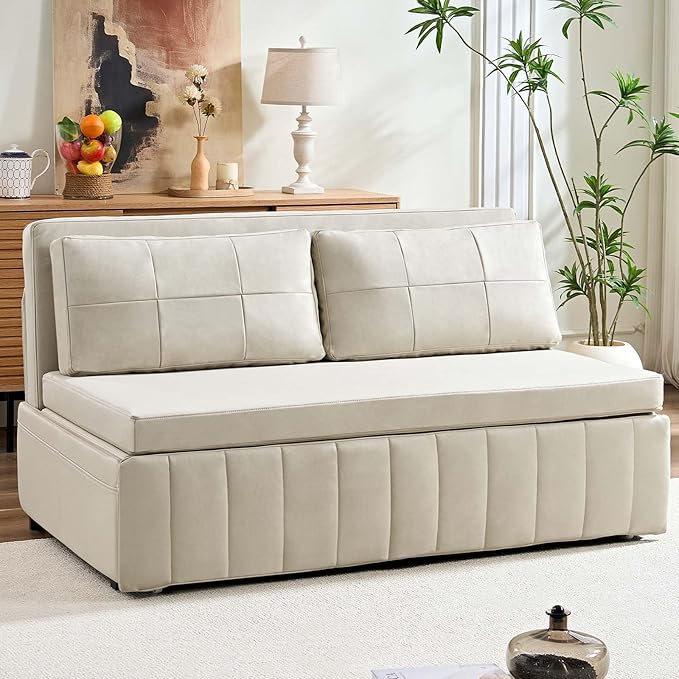 ijuicy 3 in 1 Queen Size Pull Out Sofa Bed Leathaire Sleeper Sofa with Pullout Bed Convertible Loveseat Couch with Pillows and Tri-fold Mattress for Small Spaces Apartment Beige