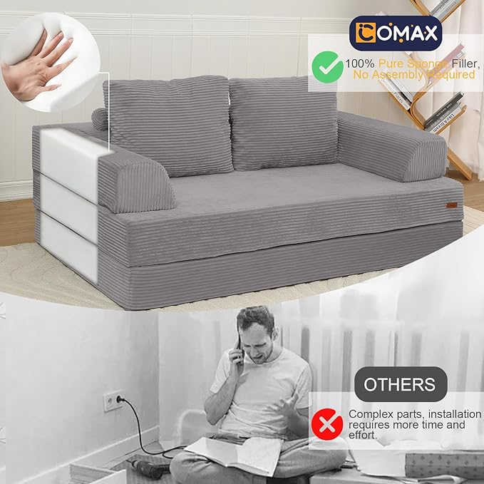 COMAX Convertible Sofa Bed Folding Floor Couch Corduroy Fold Out Couch Bed Futon Sleeper Mattress with Pillows Boneless Sofa Comfy Lounge Loveseat for Living Room Bedroom Light Grey