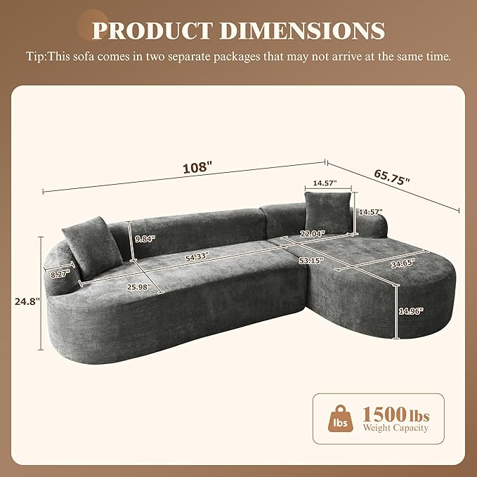 108 Cloud Modular Sectional Couch Modern Boneless Couches with Deep Seat L Shaped Sofa for Living Room No Assembly Required Chenille (Gray Right Chaise+Left Sofa) | No Assembly Needed