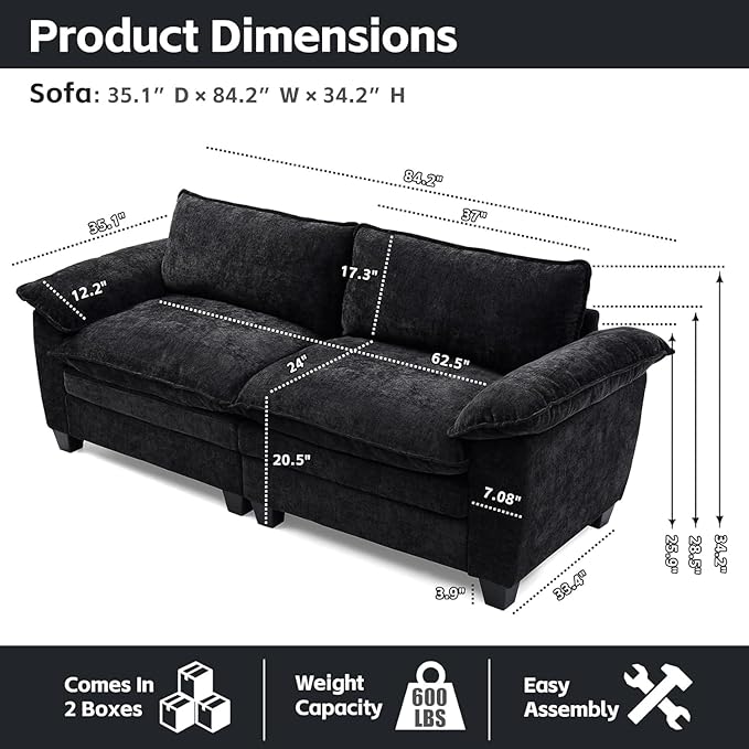 mestyl Modular Loveseat Sectional Sofa Comfy Cloud Couch 2 Deep Seat Sofa Couch 84 Soft Love Seat Modern Couches Set for Living Room Bedroom Chenille Black MT001