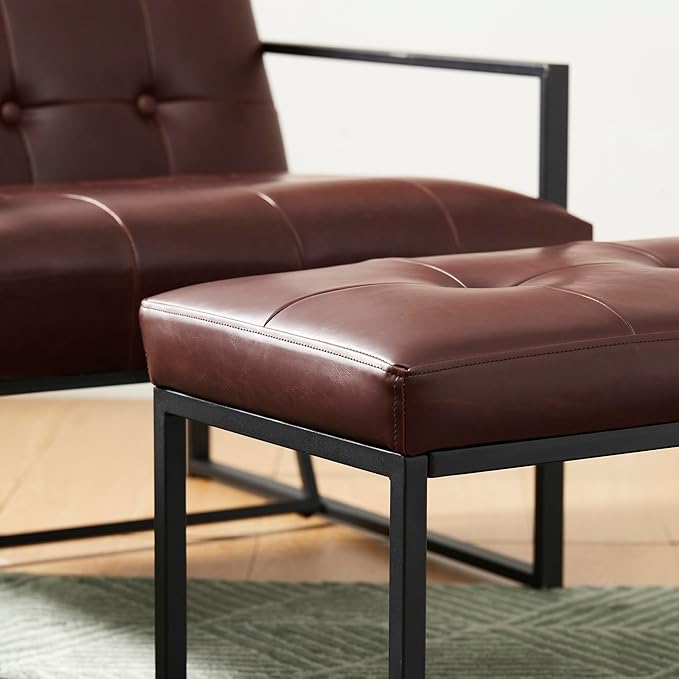 Glitzhome Accent Chairs with Ottoman Mid Century Modern Lounge Armchair with footrest with PU Leather &amp Metal Frame for Living Room Bedroom Apartment Office Brown