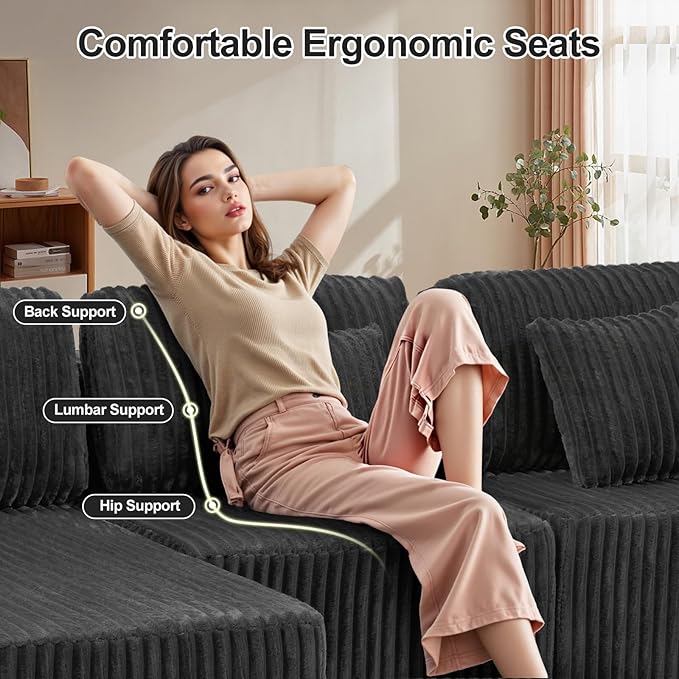 132 U Shaped Couch Oversized Modular Sectional Sofa with Chaise Corduroy U Shaped Couch with Deep Seat Boneless Couches for Living Room No Assembly Required Gray