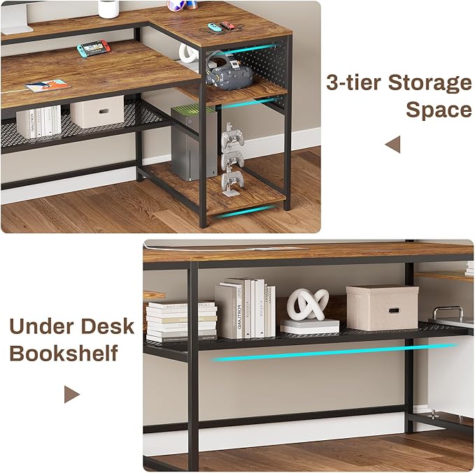 SEDETA L Shaped Computer Desk Reversible Computer Desks L Shaped Desk with Power Outlets &amp LED Strip Monitor Shelf Keyboard Tray Pegboard and Storage Shelves for Home Office Rustic Brown