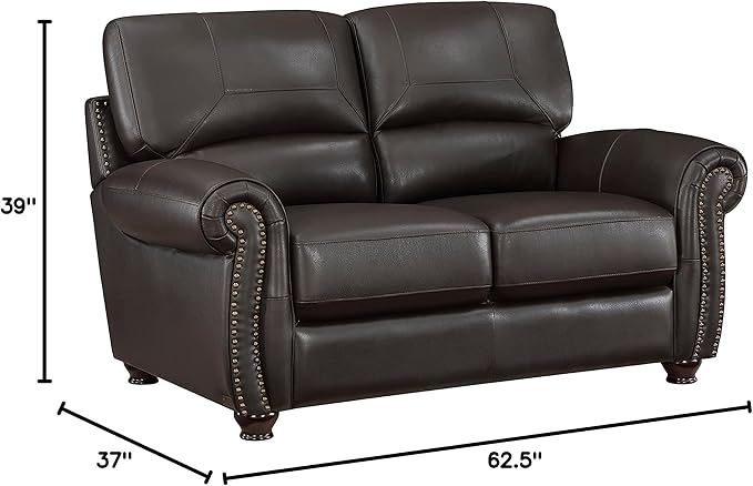 Lexicon Leather Match Couch for Living Room with Wood Frame Rolled Armrest &amp Nailhead Trim Top Grain Leather Match Sofa for Bedroom Office Waiting Room 2-Seater Loveseat Dark Brown