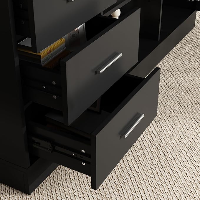 FUFU&ampGAGA 63” L-Shaped Standing Desk with Drawers Electric Height Adjustable Desk with File Cabinet Executive Computer Table Sit Stand Desks for Home Office Black 63”W x 55.1”D x 29.1”-44”H