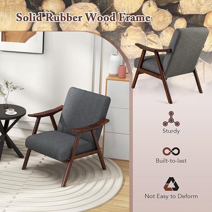 Giantex Mid-Century Modern Accent Chair Upholstered Comfy Living Room Chair with Arms Anti-Slip Felt Pads Wooden Frame Soft Padded Armchair for Living Room Bedroom Office Study Light Grey
