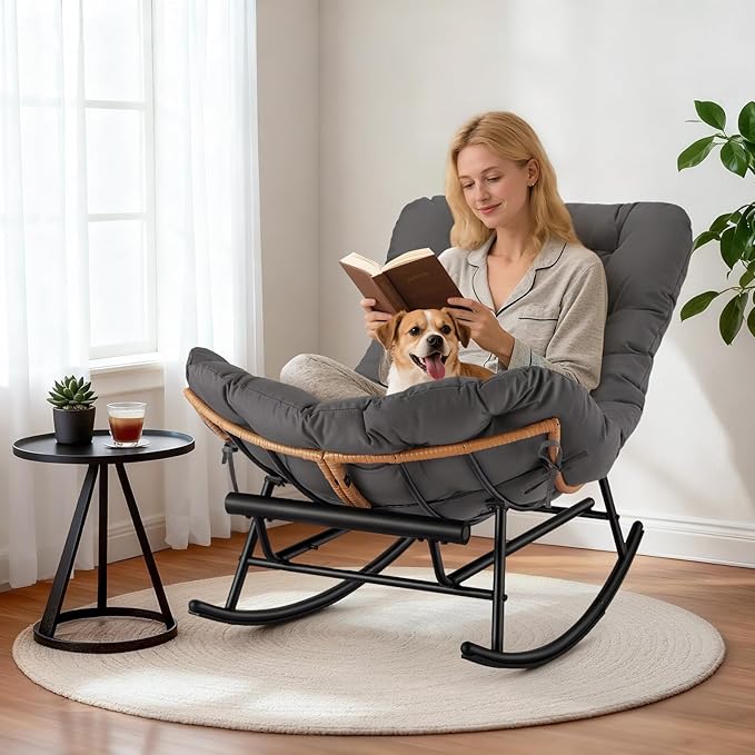 GarveeHome Indoor Papasan Rocking Chair Rattan Rocker with Extendable Footrest &amp Detachable Polyester Cushion 352lbs Sturdy Large Reading Lounge for Indoor Bedroom Living Room Dark Grey