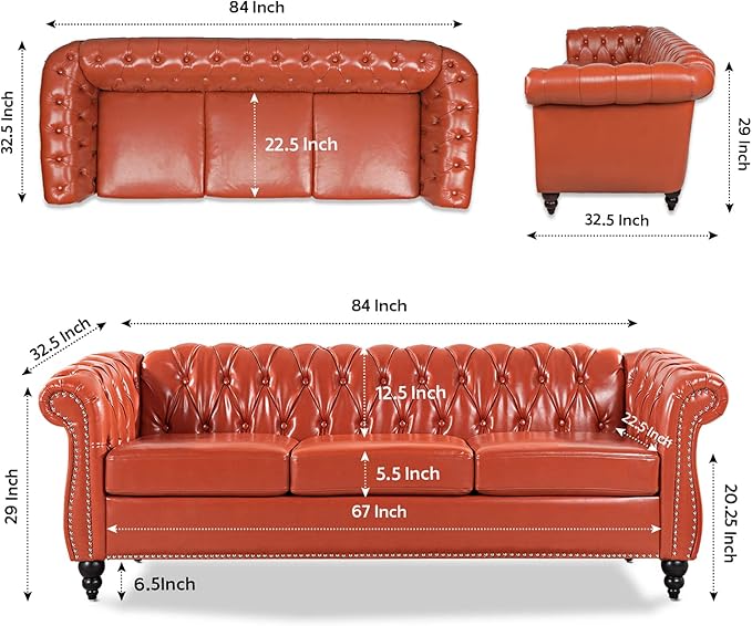 Chesterfield Sofa Orange Faux Leather Sofas for Living Room 84 Rolled Arm 3-Seater Couch Deep Button Nailhead Upholstered Couches High-End Furniture Easy to Assemble
