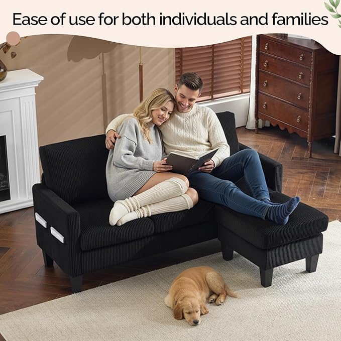 VINGLI 68.5' L Shaped Couch with Movable Storage Convertible Sectional Sofa in Corduroy Fabric Modern Reversible Chaise Couch for Small Spaces Apartment Living RoomBlack