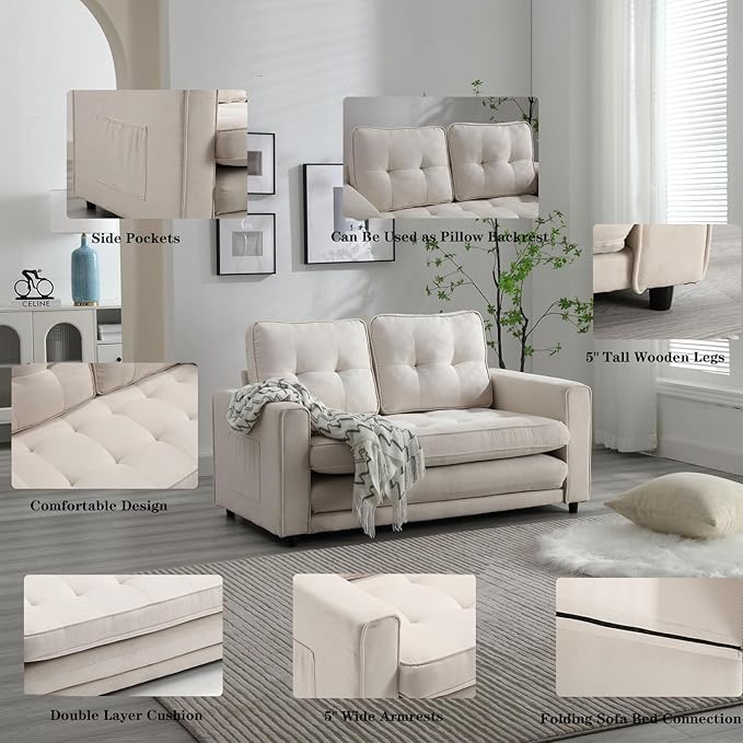 Futon Sofa Bed Convertible Folding Chaise Lounge for Compact Living Studio Bedroom Offices Dorm - Adjustable Pull Out Breathable Small Loveseat (Off White)
