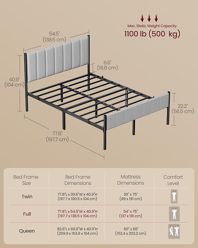 VASAGLE Full Bed Frame with Upholstered Headboard Metal Bed Frame Full Size with Footboard 1100 lb Weight Capacity Steel Slats Easy Assembly No Box Spring Needed Dove Gray URMB982G01V1