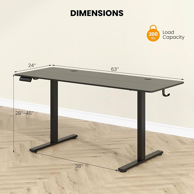Tangkula 63 Inch Height Adjustable Electric Standing Desk Extra Large Sit Stand Desk with 3 Memory Height Settings Anti-Collision System 2 Hanging Hooks &amp Wire Holes Rising Desk for Home Offic
