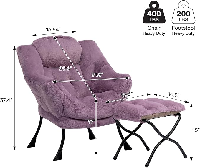 HollyHOME Lazy Chair with Foldable Ottoman Accent Comfy Lounge Armchair and Folding Footrest Stool Leisure Sofa Reading Chair and Footstool for Living Room Bedroom DormFaux Fur Purple
