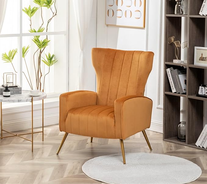 Modern Velvet Accent Chair Channel Tufted Bedroom Office or Living Room Furniture with Elegant Metal Legs 26 Wide Armchair Mustard Yellow