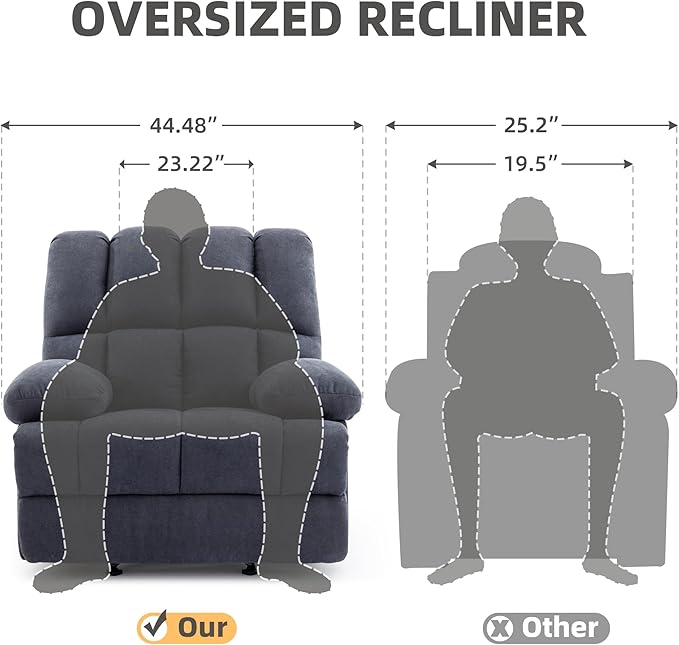 WILLOVE Oversized Rocker Recliner Chair Overstuffed Rocking Recliners Soft Big Man Manual Recliner Extra Large Living Room Chair 350 LBS Capacity Grey XL